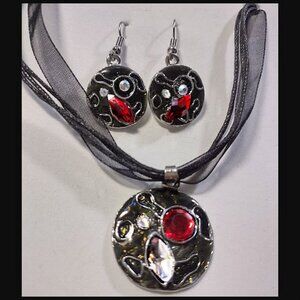Red & Black Necklace & Earring Set on Ribbon Cord